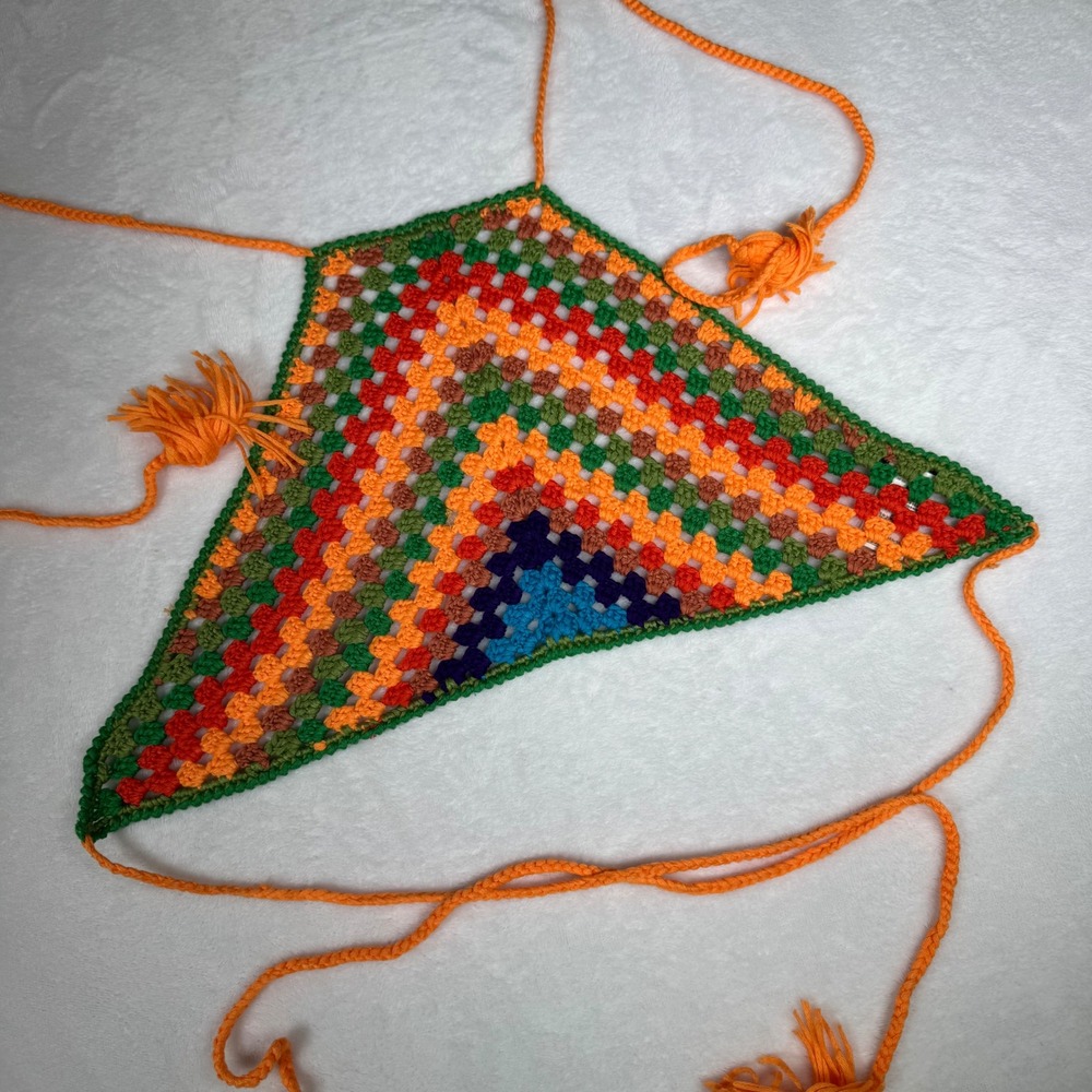 PAPAYA Crochet Granny Square Halter Top Orange Green Blue Tassels Size‎ S